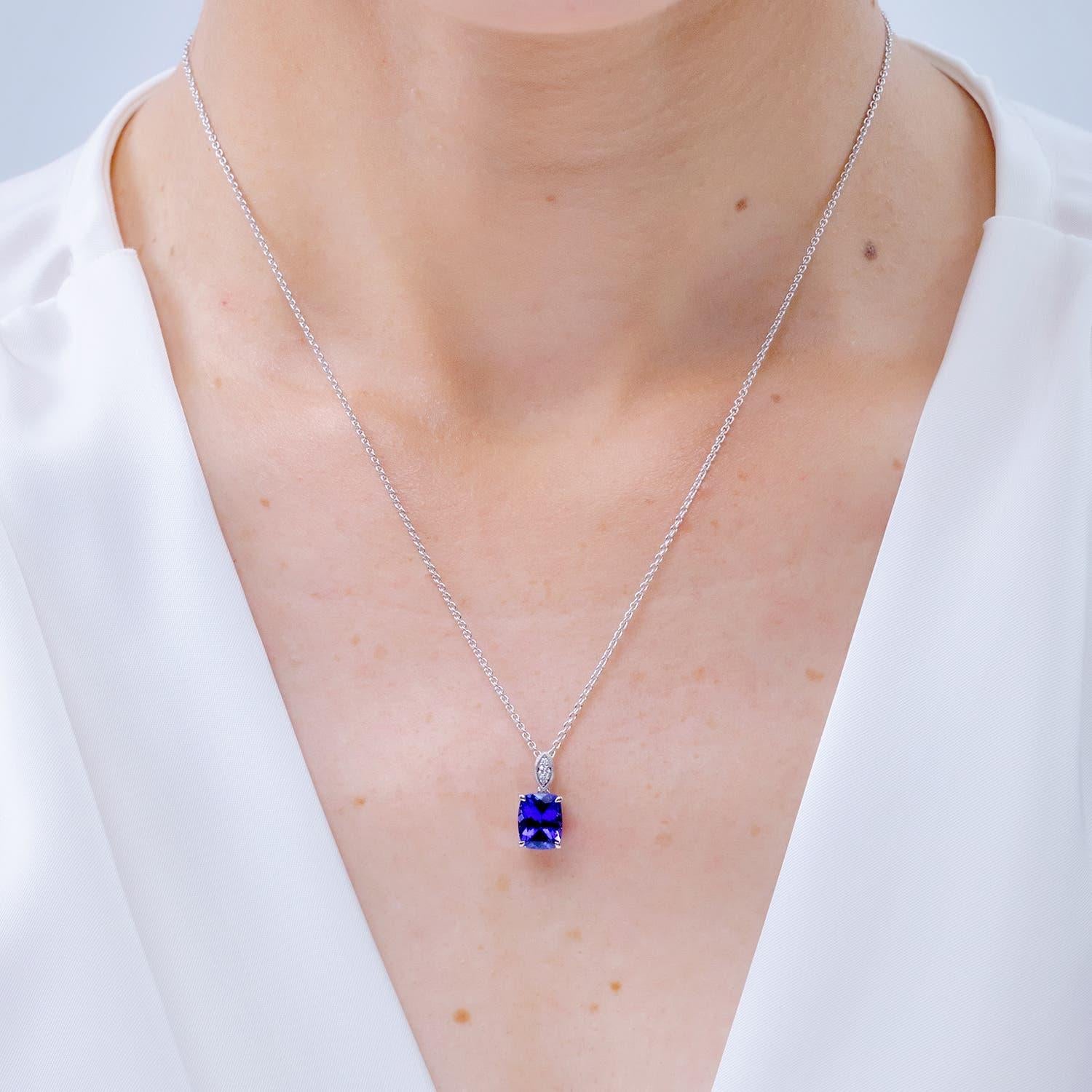 Modern Angara Natural Cushion 2.45 ct Tanzanite Pendant with Diamond in 14K Solid Gold For Sale