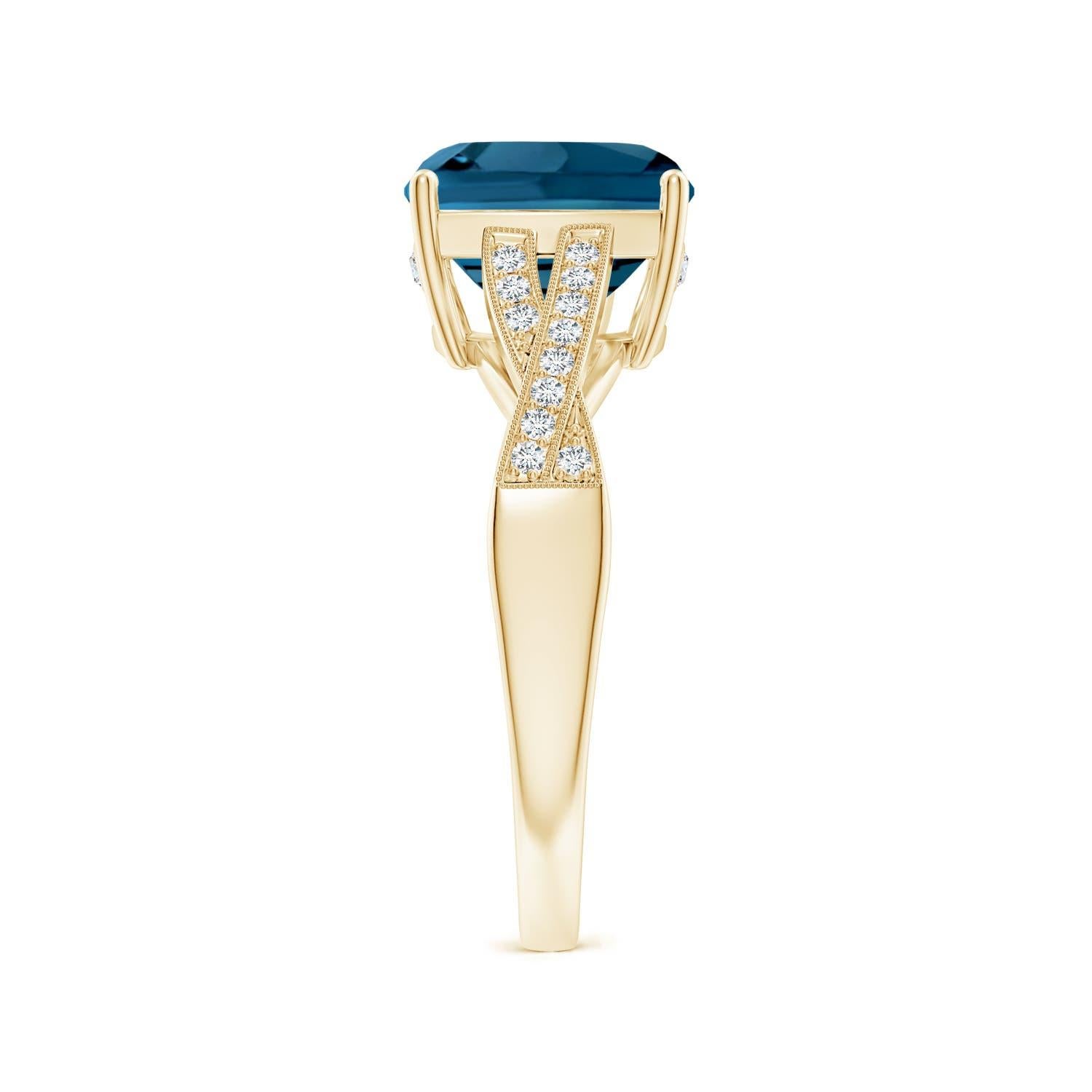 Angara Natural Cushion 3.3 ct London Blue Topaz Ring with Diamonds in 14K Gold In New Condition For Sale In Los Angeles, CA