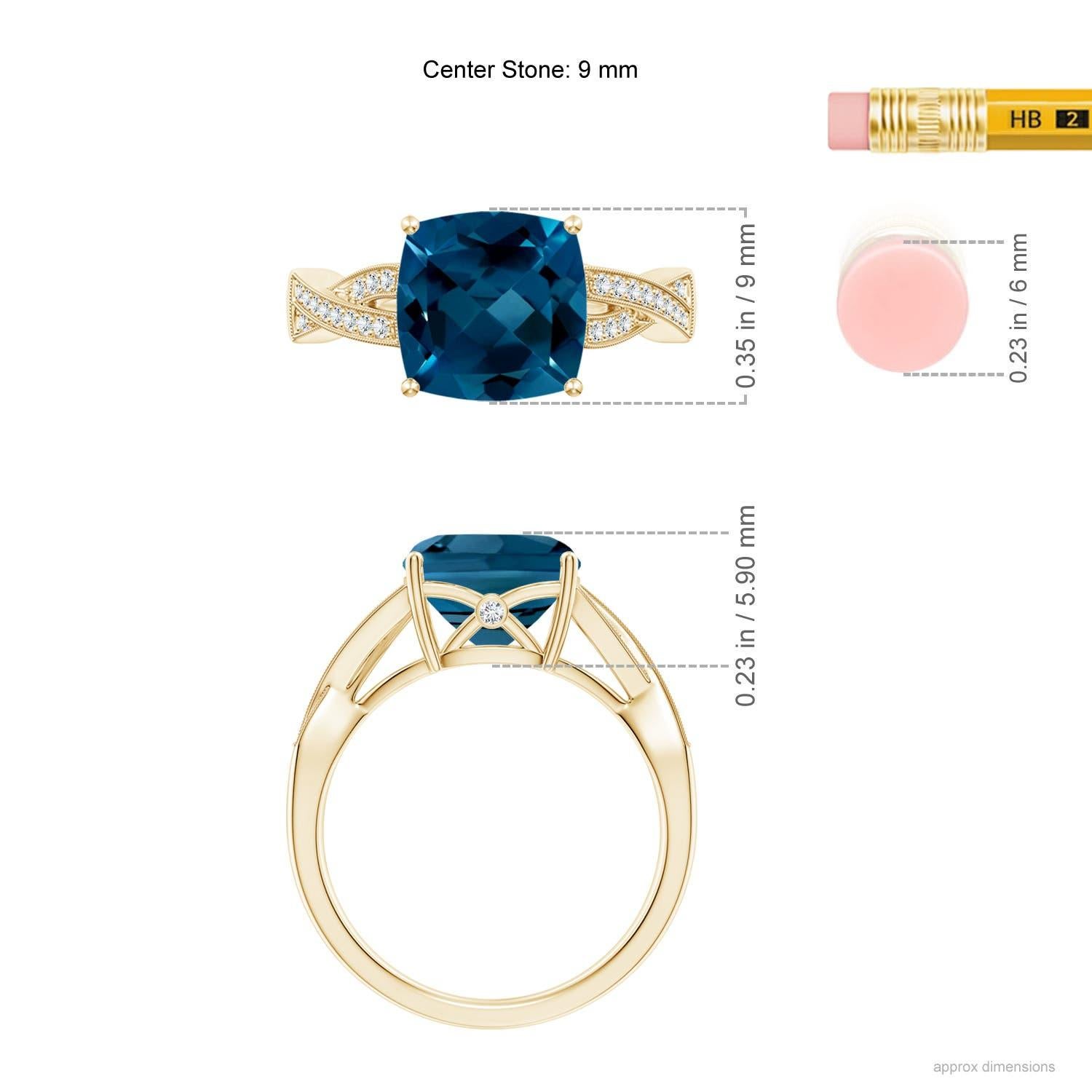 Women's Angara Natural Cushion 3.3 ct London Blue Topaz Ring with Diamonds in 14K Gold For Sale