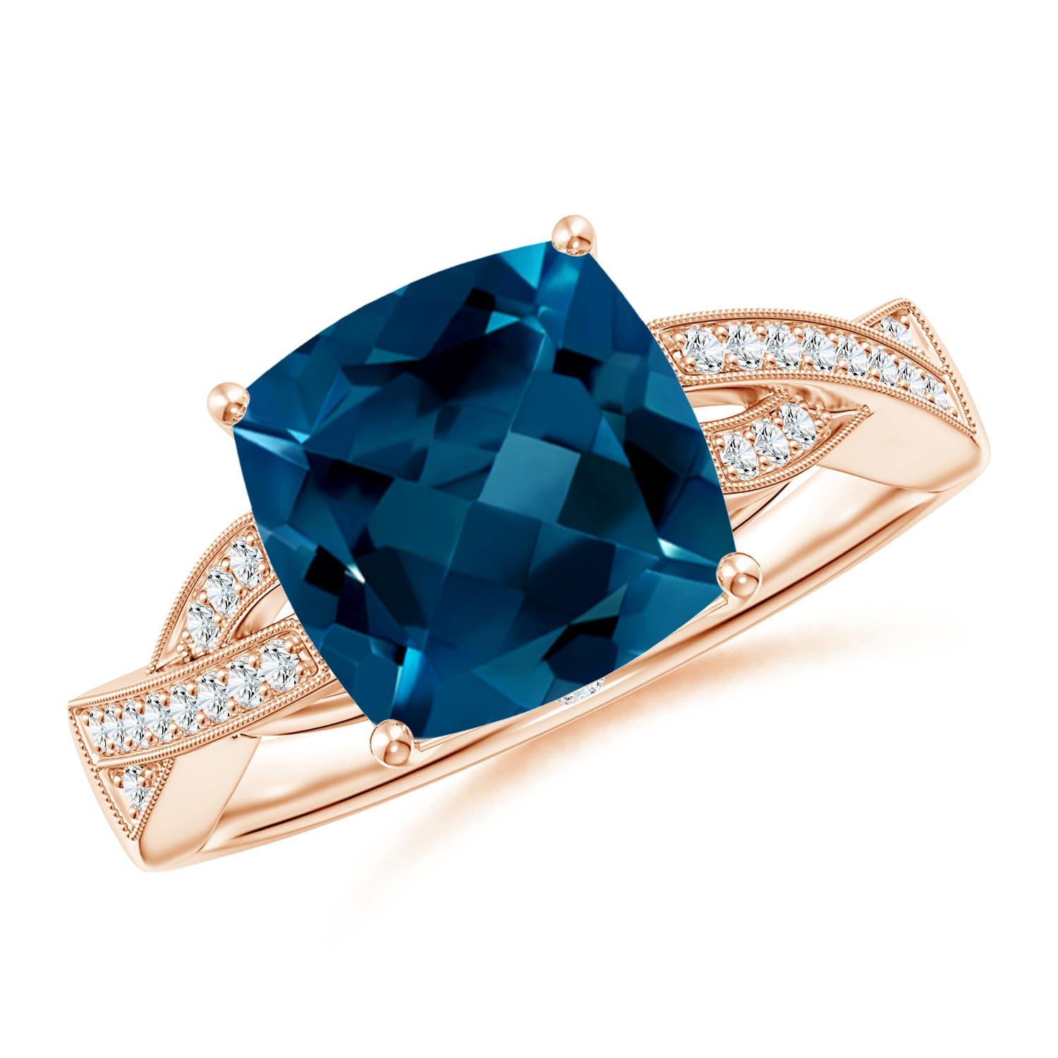Angara Natural Cushion 3.3 ct London Blue Topaz Ring with Diamonds in 14K Gold For Sale 2