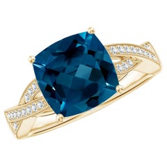 Angara Natural Cushion 3.3 ct London Blue Topaz Ring with Diamonds in 14K Gold