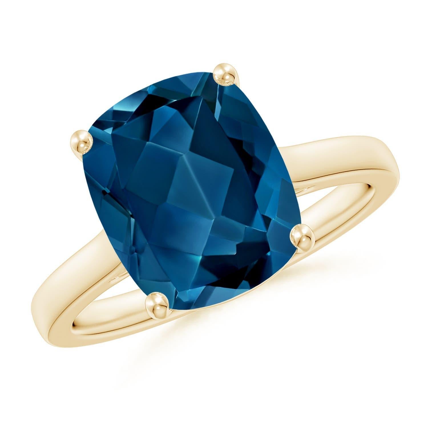 Anello solitario Angara con cuscino naturale da 4,5 ct di Topazio Blu di Londra in oro massiccio 14K in vendita 1