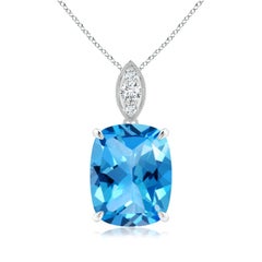 Angara Natural Cushion 4.5 ct Swiss Blue Topaz Pendant Diamond in 14K Solid Gold