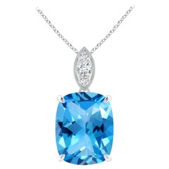 Angara Natural Cushion 4.5 ct Swiss Blue Topaz Pendant Diamond in 14K Solid Gold
