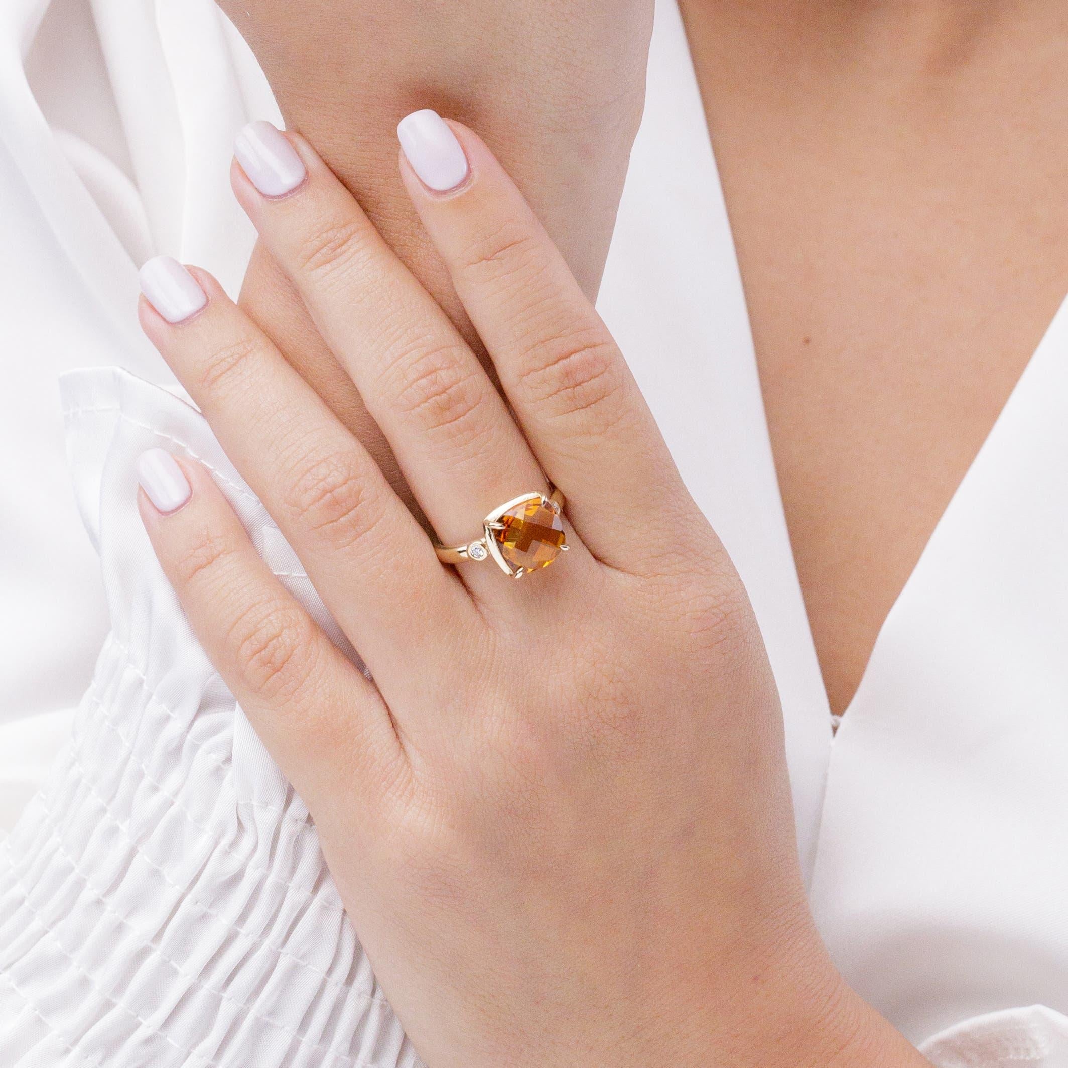 Modern Angara Natural Cushion 4ct Citrine Cocktail Ring with Diamonds in 14K Solid Gold For Sale