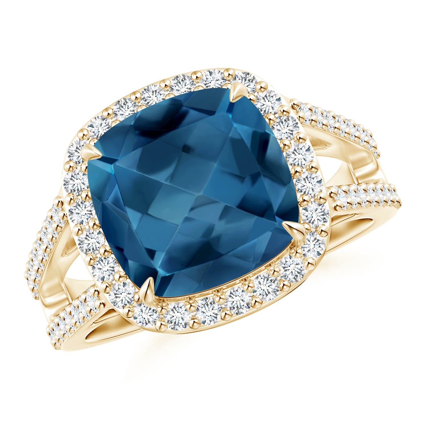 Women's Angara Natural Cushion 5.15 ct London Blue Topaz Ring with Diamond in 14K Gold For Sale