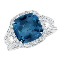 Angara Natural Cushion 5.15 ct London Blue Topaz Ring with Diamond in 14K Gold