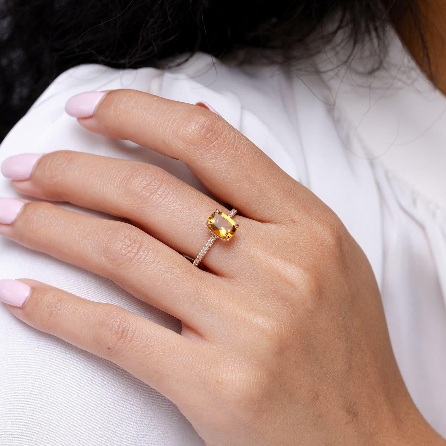 Moderno Anello Angara con Citrino Naturale Taglio Cuscino da 1,35 ct e Diamante in Oro Solido 14K in vendita