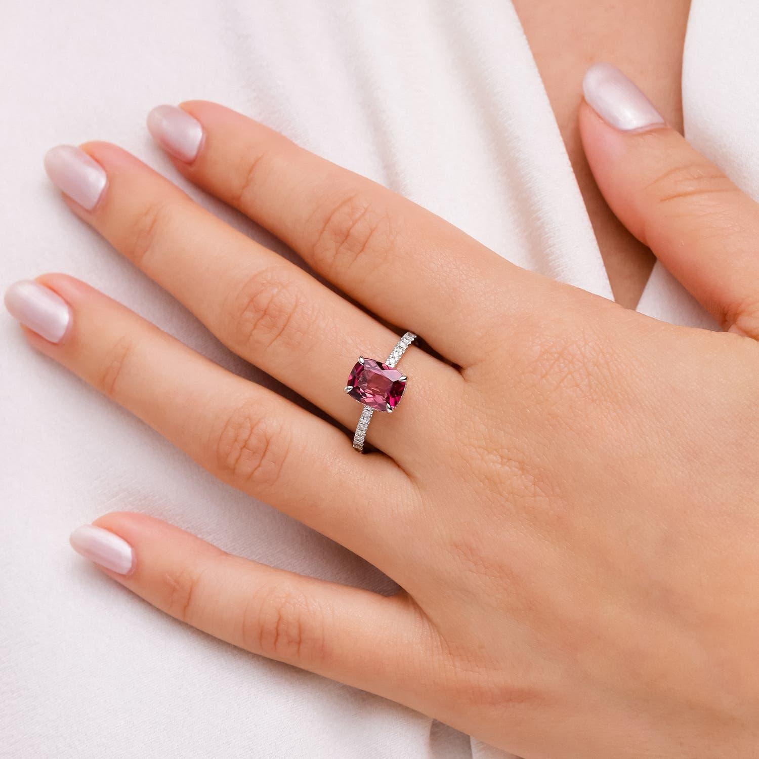 Modern Angara Natural Cushion Cut 1.4 ct Pink Tourmaline Ring With Diamond in 14K Gold For Sale