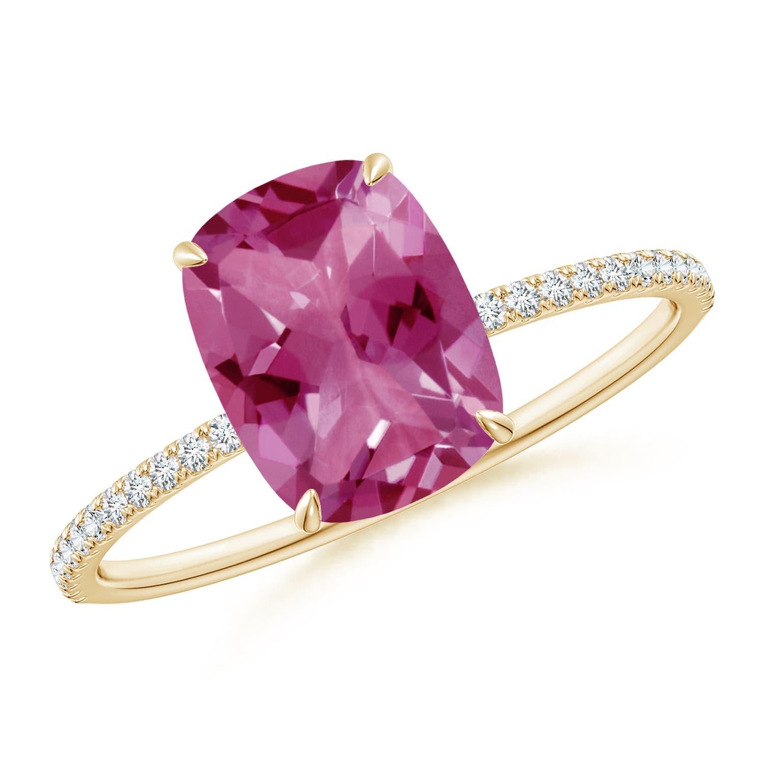 Angara Natural Cushion Cut 1.4 ct Pink Tourmaline Ring With Diamond in 14K Gold For Sale 2