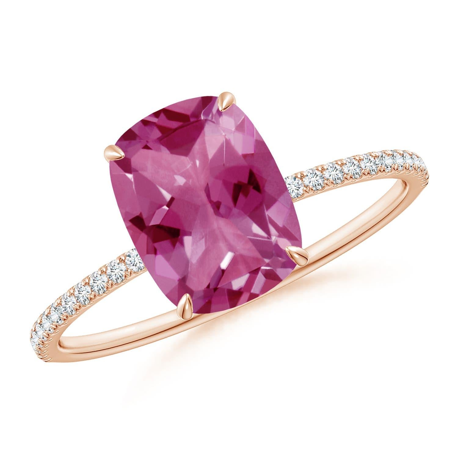 Angara Natural Cushion Cut 1.4 ct Pink Tourmaline Ring With Diamond in 14K Gold For Sale 3