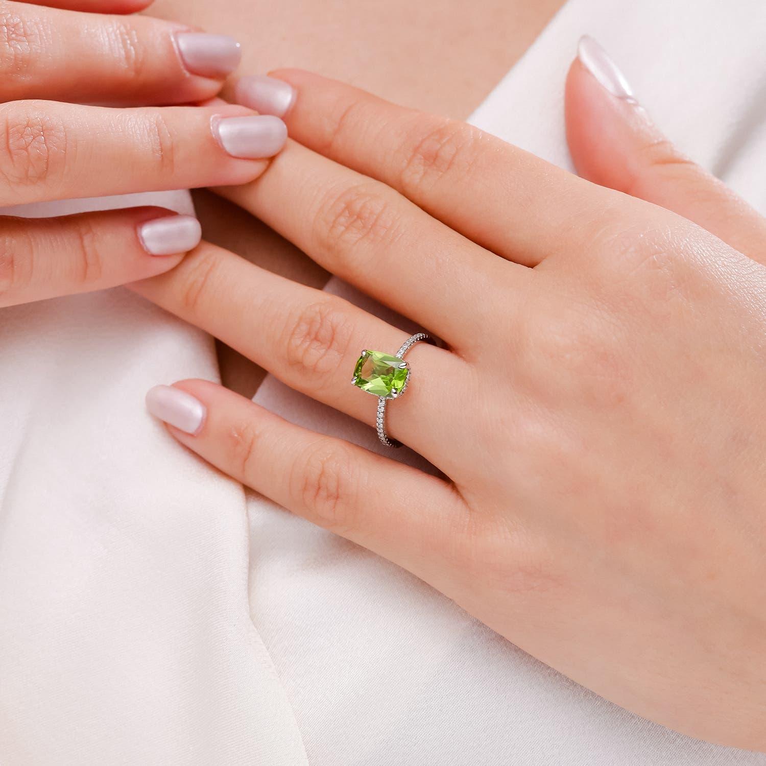 Modern Angara Natural Cushion Cut 2.1 ct Peridot Ring With Diamond in 14K Solid Gold For Sale