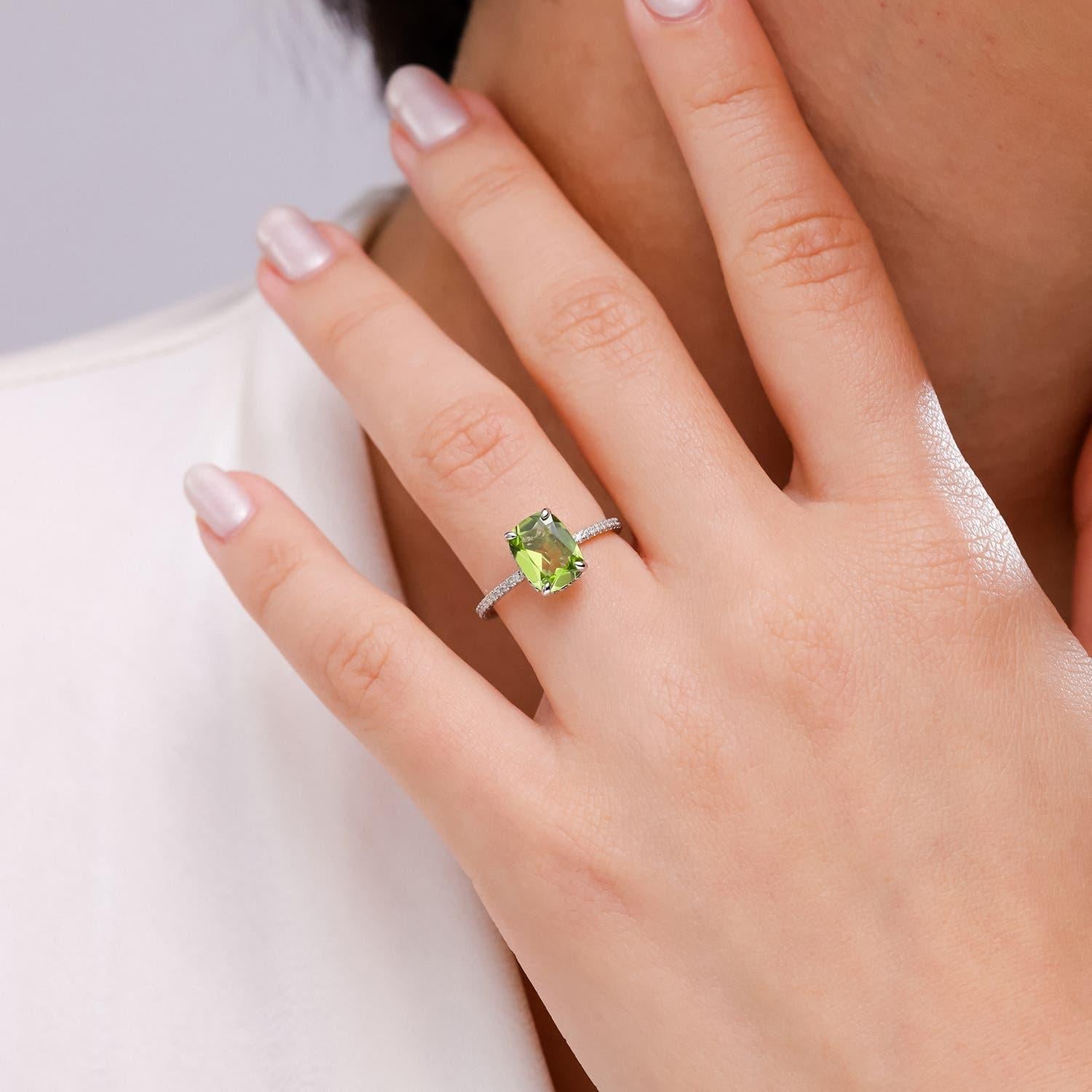 Angara Natural Cushion Cut 2.1 ct Peridot Ring With Diamond in 14K Solid Gold In New Condition For Sale In Los Angeles, CA