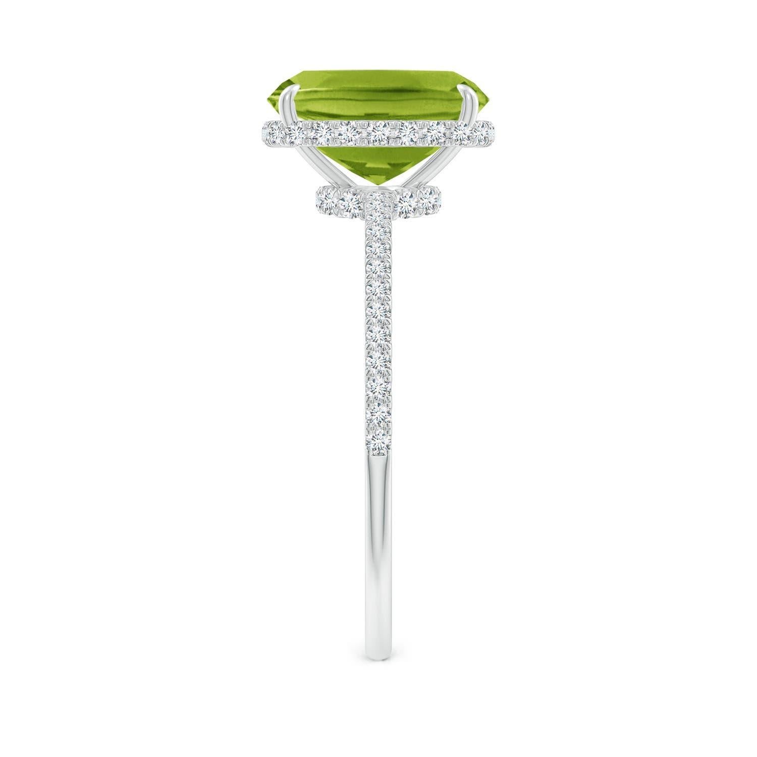 Women's Angara Natural Cushion Cut 2.1 ct Peridot Ring With Diamond in 14K Solid Gold For Sale