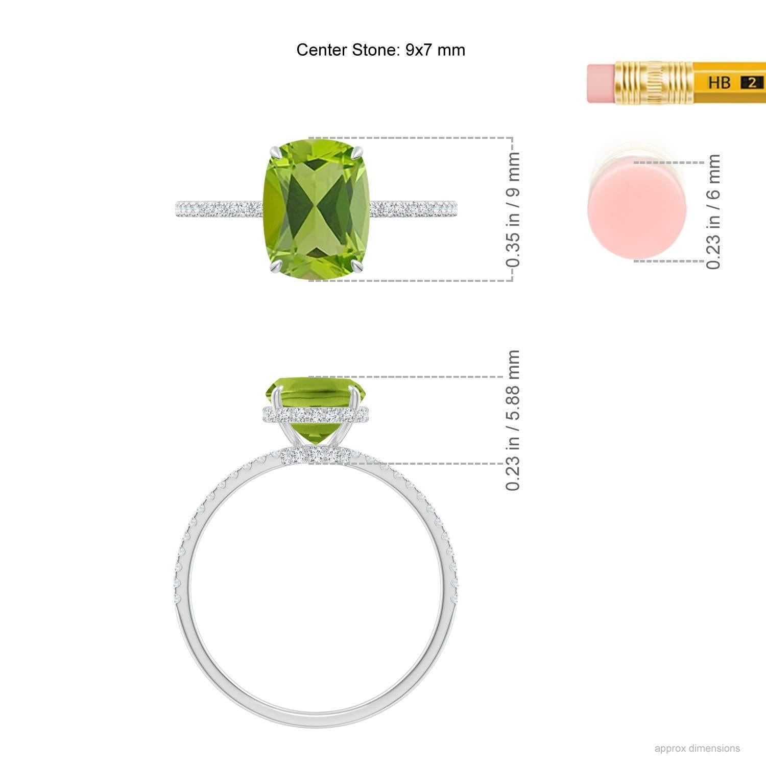 Angara Natural Cushion Cut 2.1 ct Peridot Ring With Diamond in 14K Solid Gold For Sale 2