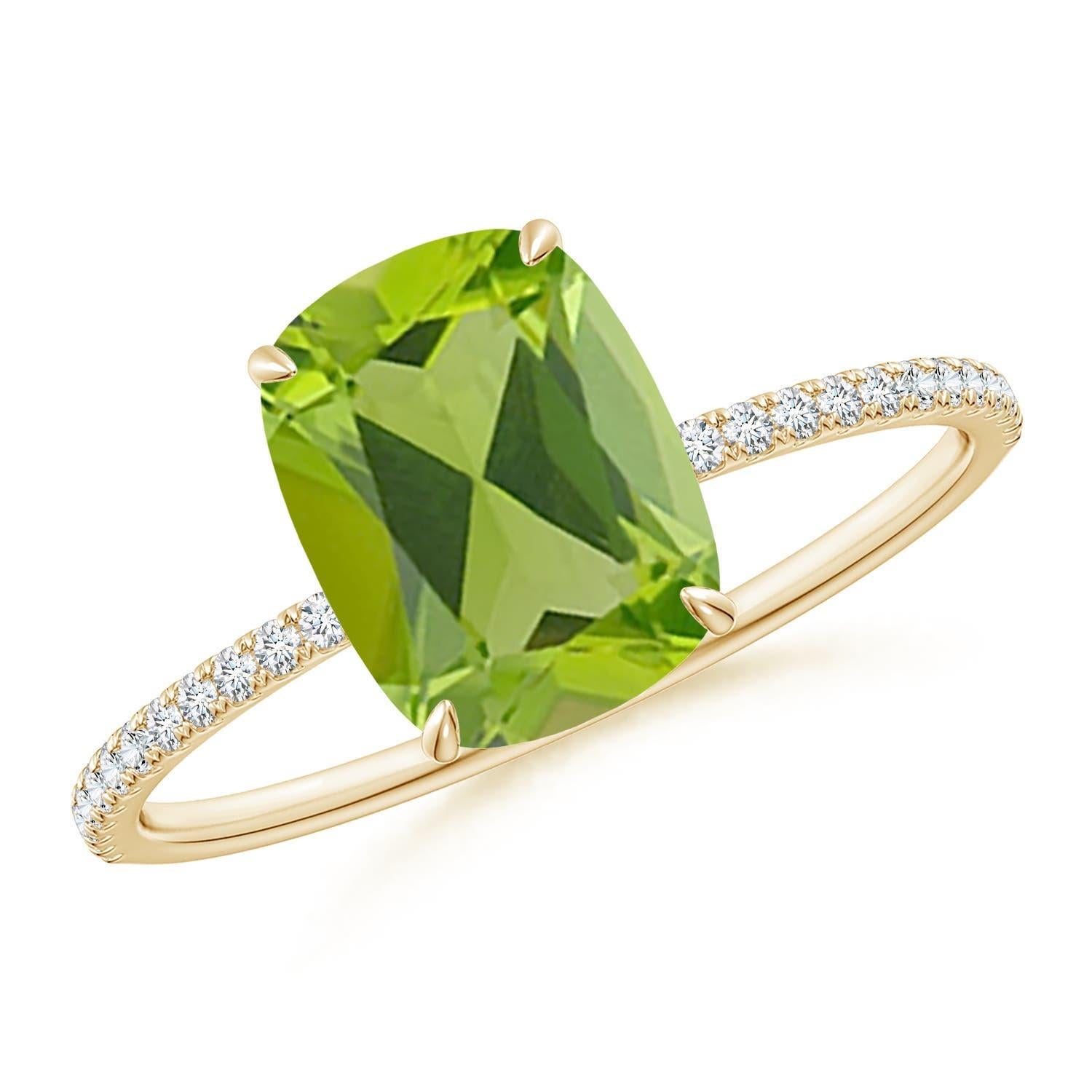 Angara Natural Cushion Cut 2.1 ct Peridot Ring With Diamond in 14K Solid Gold For Sale 3