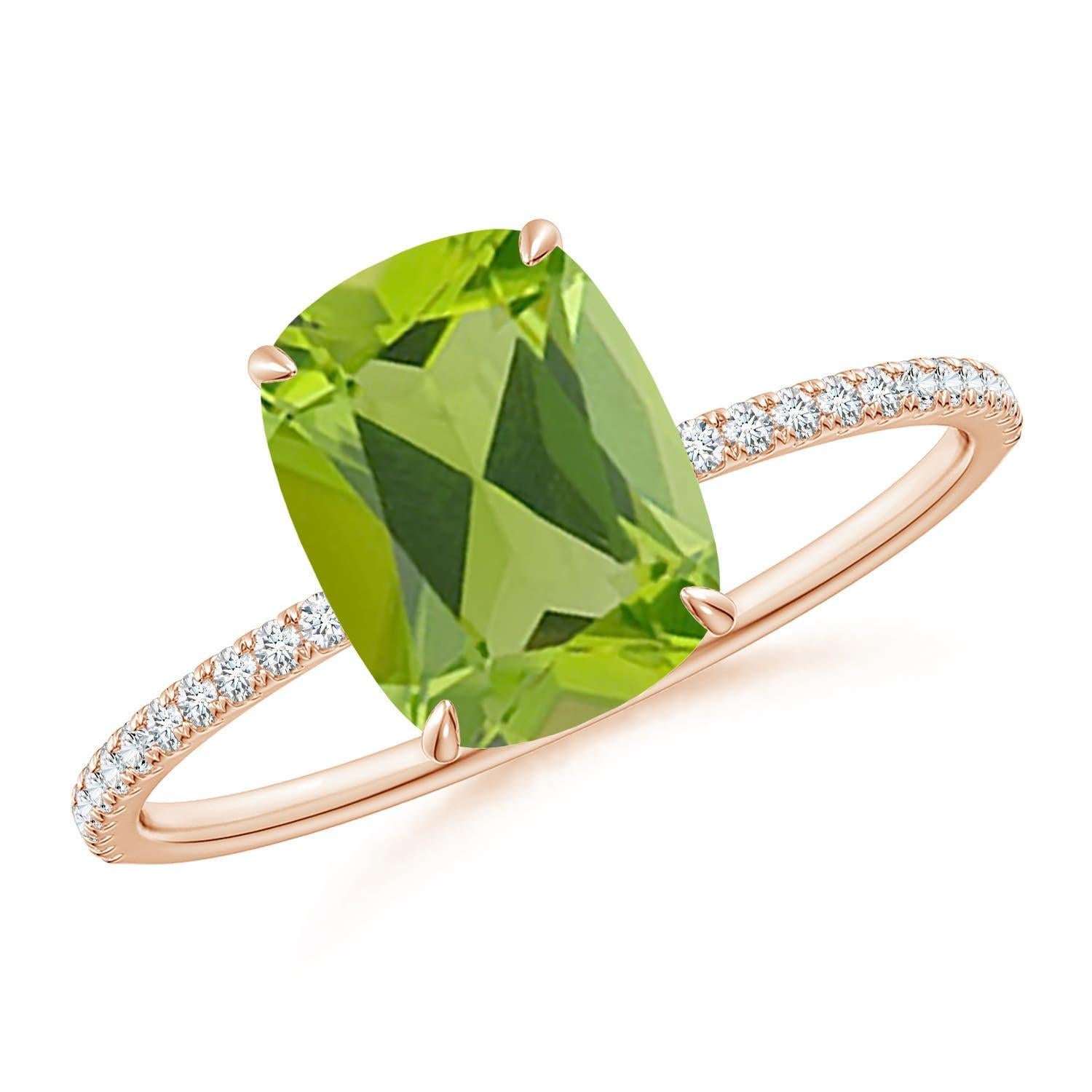 Angara Natural Cushion Cut 2.1 ct Peridot Ring With Diamond in 14K Solid Gold For Sale 4