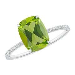 Angara Natural Cushion Cut 2.1 ct Peridot Ring With Diamond in 14K Solid Gold