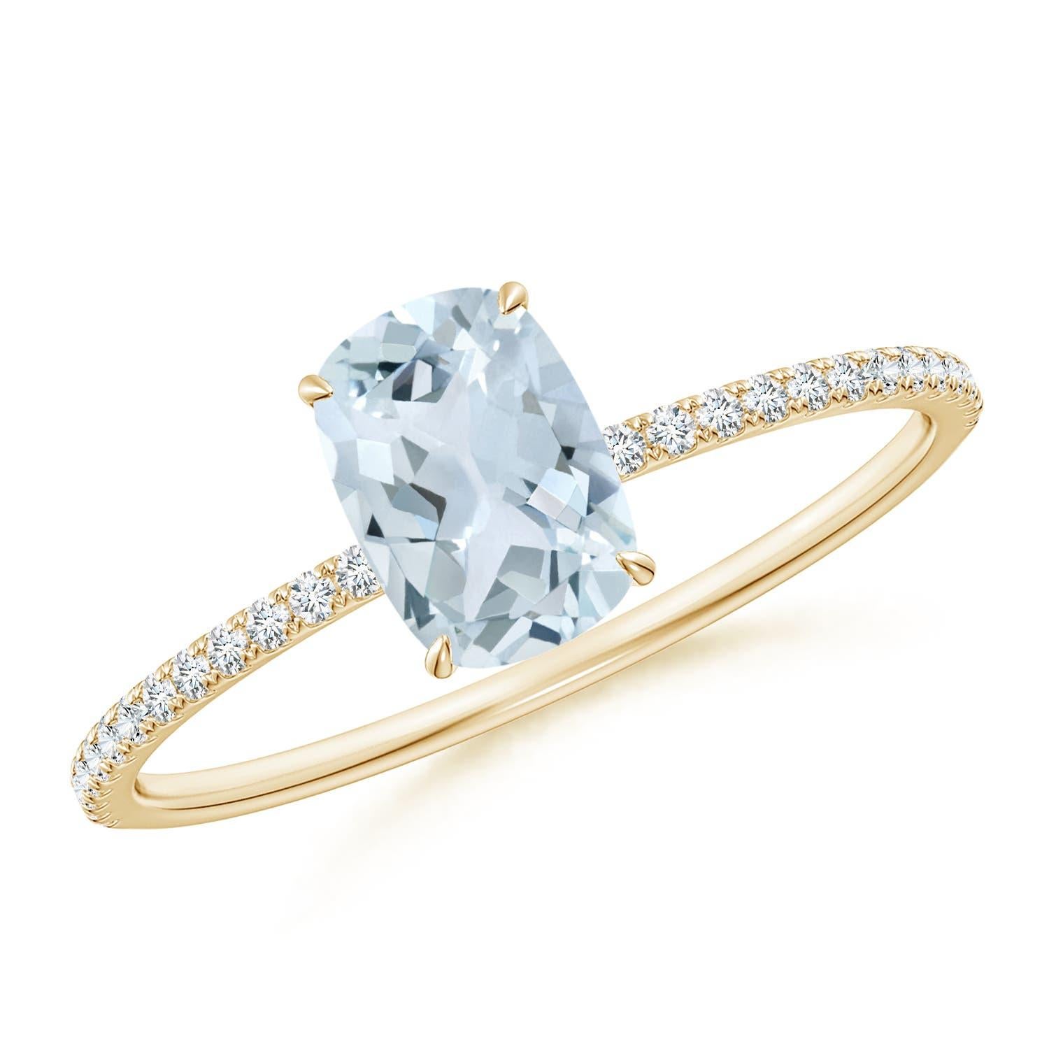 Bague de fiançailles en or 14 carats avec aigue-marine naturelle taillée en coussin et diamant en vente 1