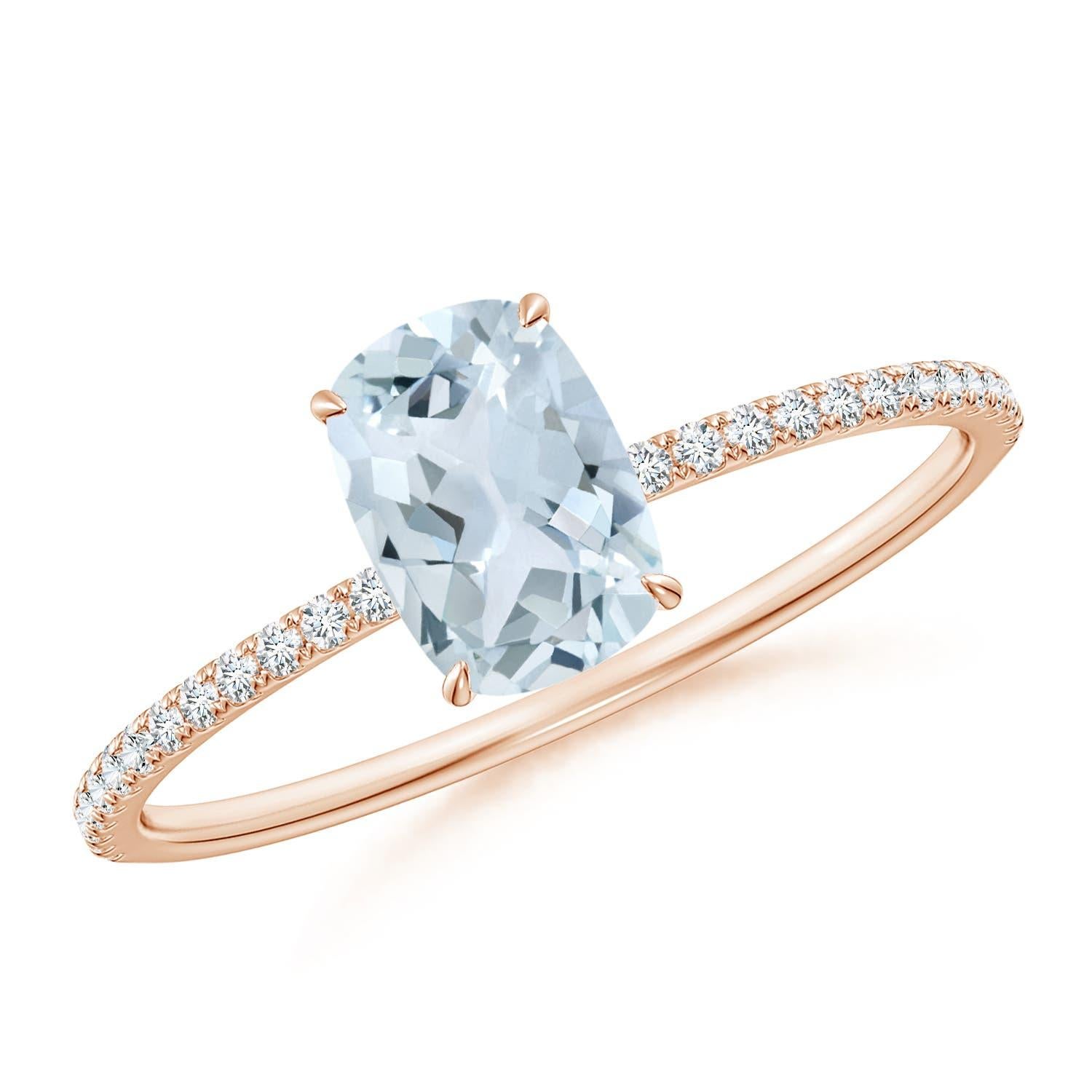 Bague de fiançailles en or 14 carats avec aigue-marine naturelle taillée en coussin et diamant en vente 2