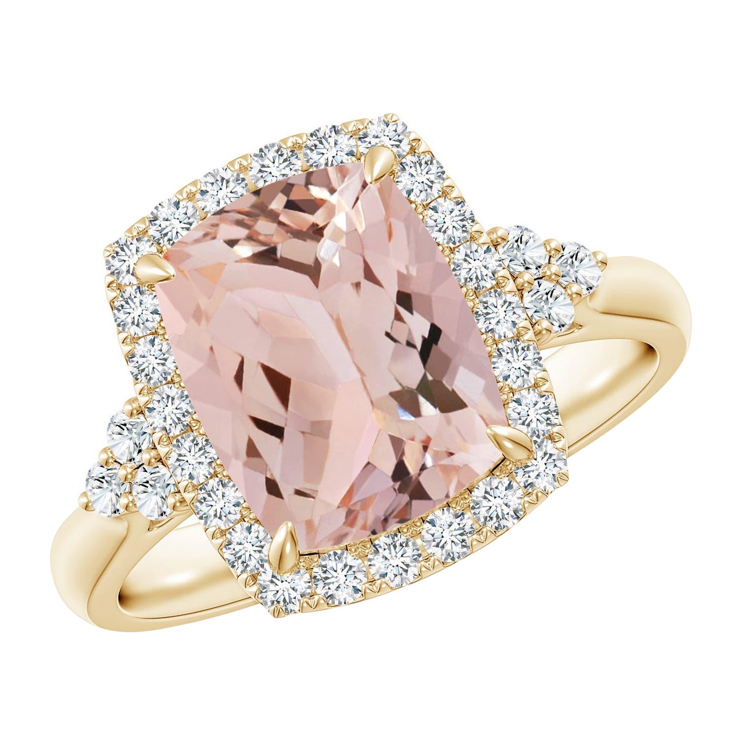Anello aureola con morganite naturale a cuscino di Angara e diamante in oro massiccio 14 carati
