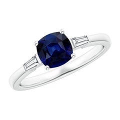 Anello Angara con zaffiro naturale a cuscino e diamanti baguette in oro massiccio 14K