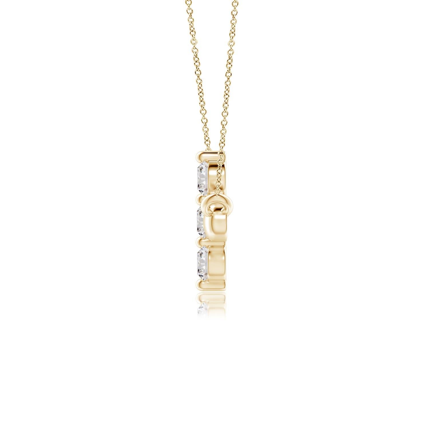 Hanging sideways from a chain is the gorgeous cross pendant crafted in 14k yellow gold. The vertical bar of the cross is adorned with three white diamonds in prong setting. The sparkling diamonds lend an impeccable dazzling effect to this lustrous