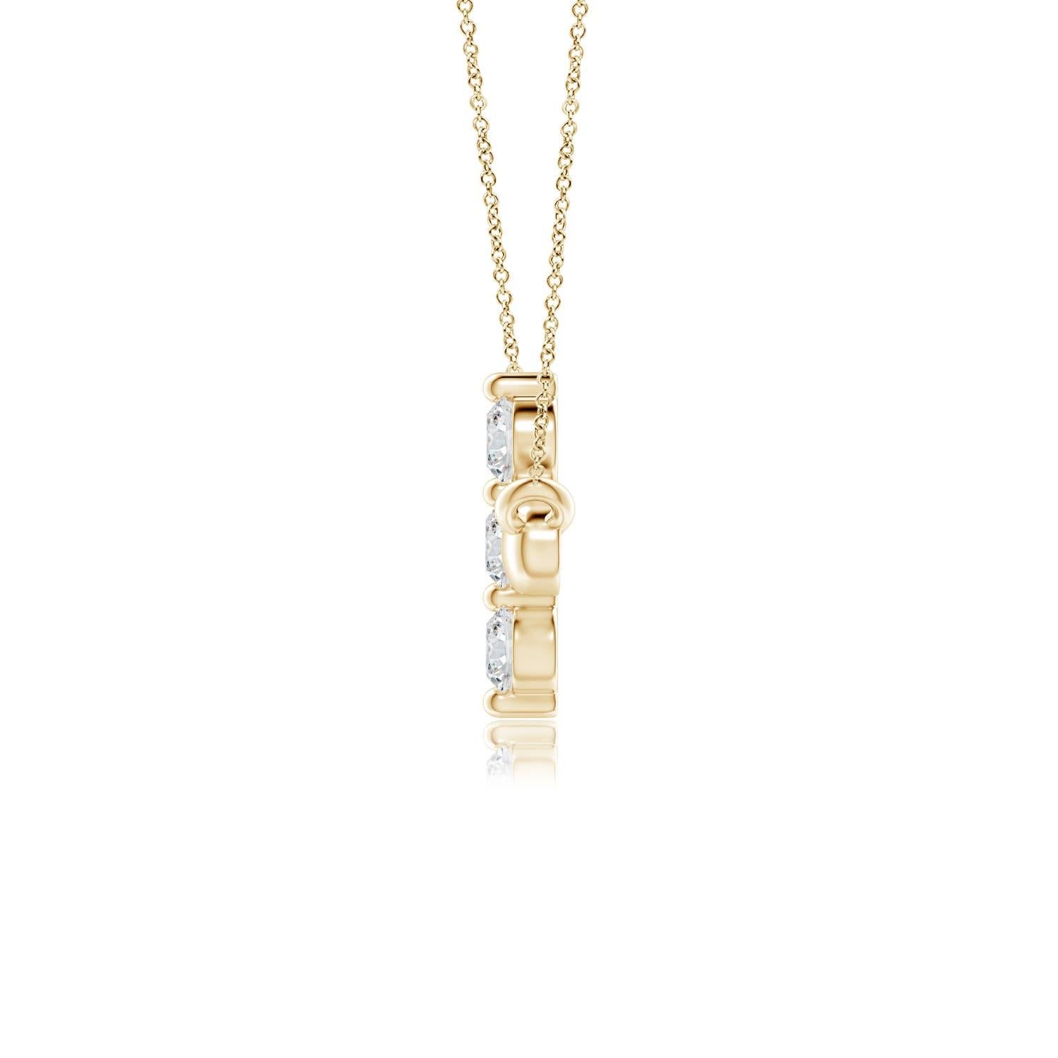 Hanging sideways from a chain is the gorgeous cross pendant crafted in 14k yellow gold. The vertical bar of the cross is adorned with three white diamonds in prong setting. The sparkling diamonds lend an impeccable dazzling effect to this lustrous