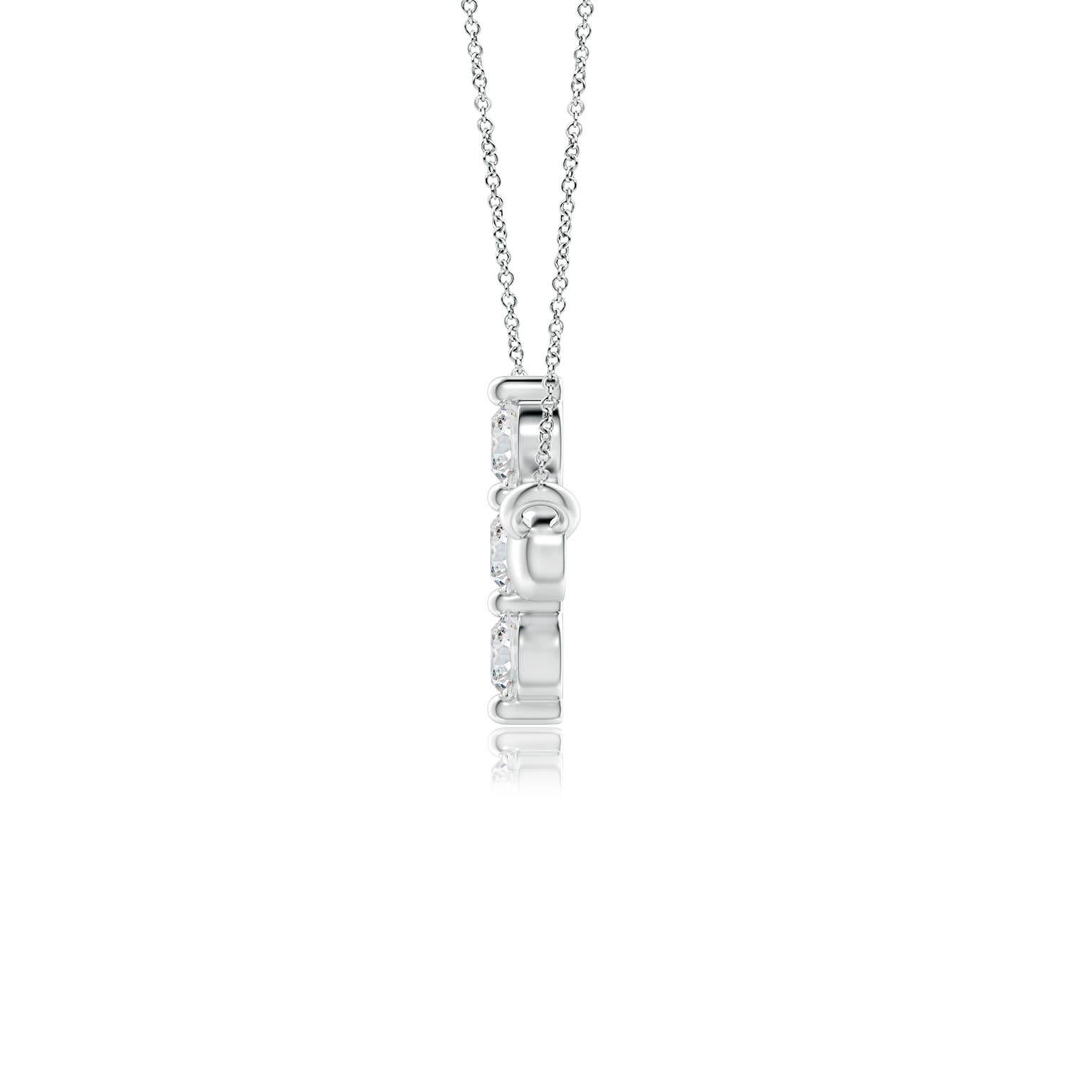 Hanging sideways from a chain is the gorgeous cross pendant crafted in platinum. The vertical bar of the cross is adorned with three white diamonds in prong setting. The sparkling diamonds lend an impeccable dazzling effect to this lustrous sideways
