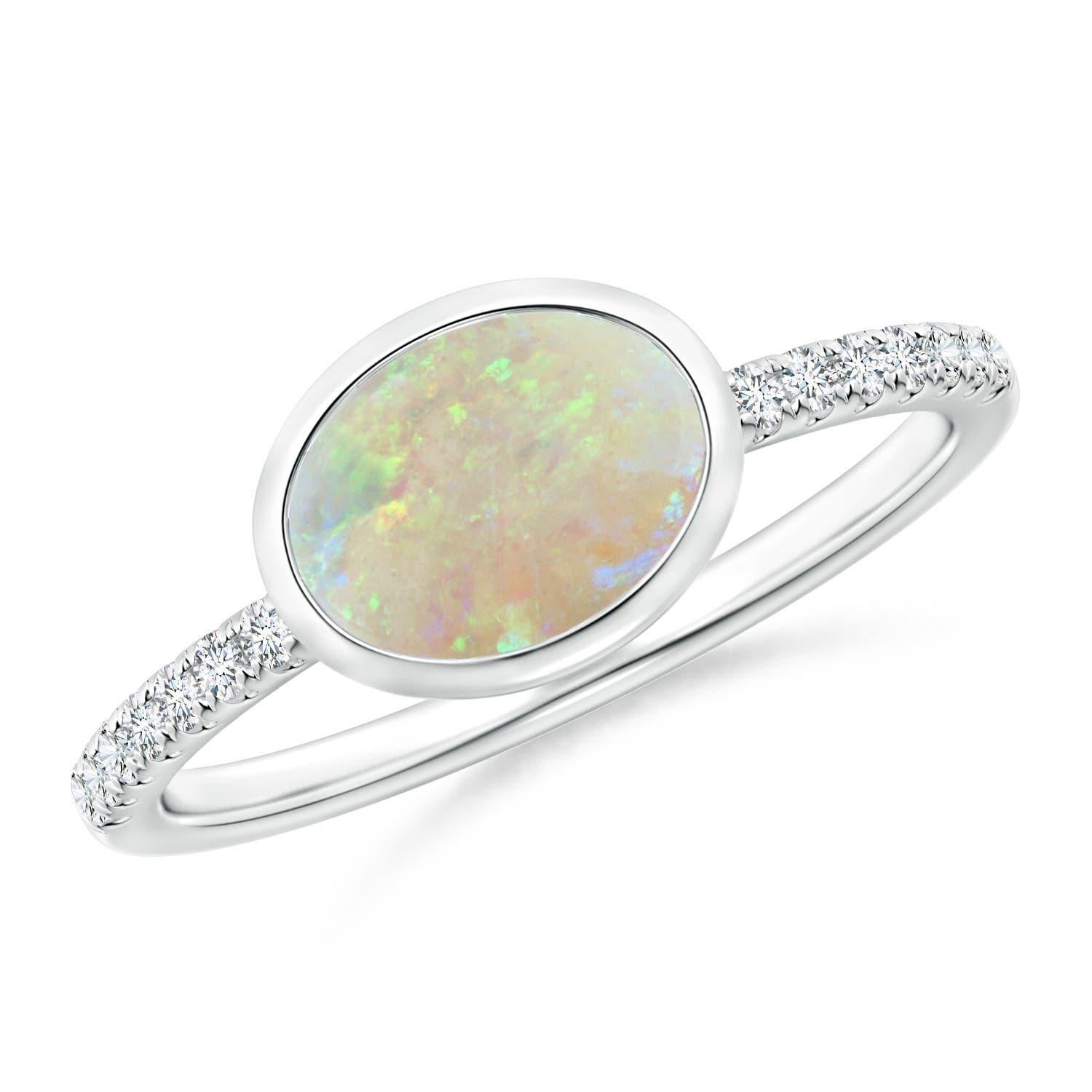 Angara Natural East-West Bezel-Set Oval Opal and Diamond Ring in 14K Solid Gold For Sale 2