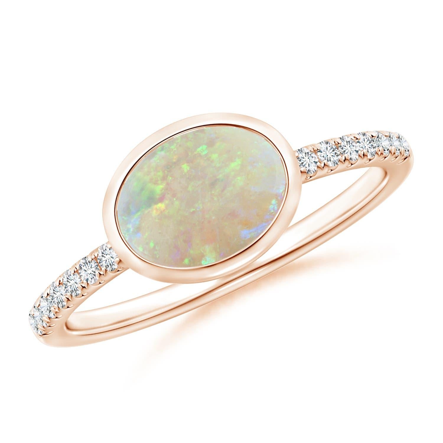 Angara Natural East-West Bezel-Set Oval Opal and Diamond Ring in 14K Solid Gold For Sale 3