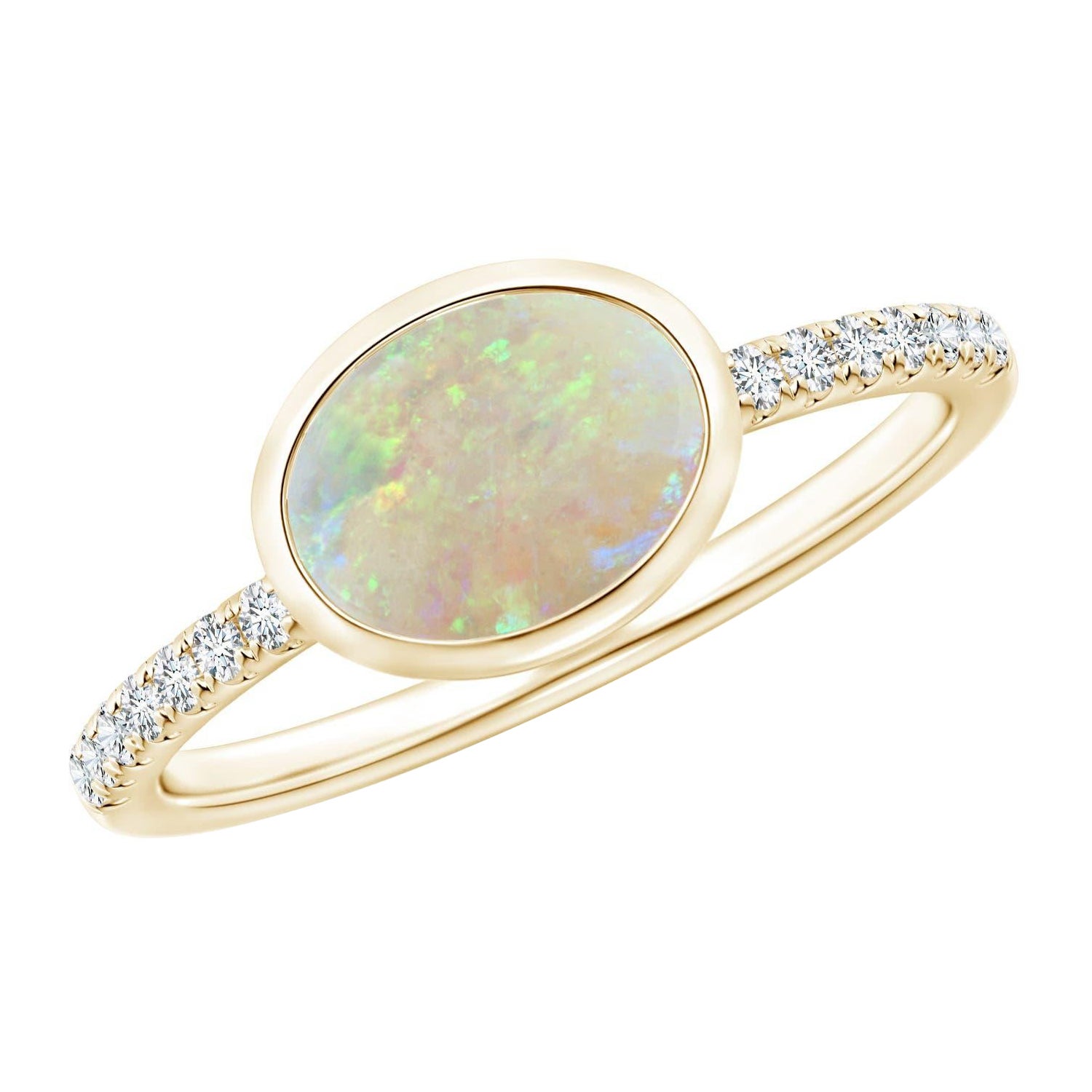 Angara Natural East-West Bezel-Set Oval Opal and Diamond Ring in 14K Solid Gold For Sale