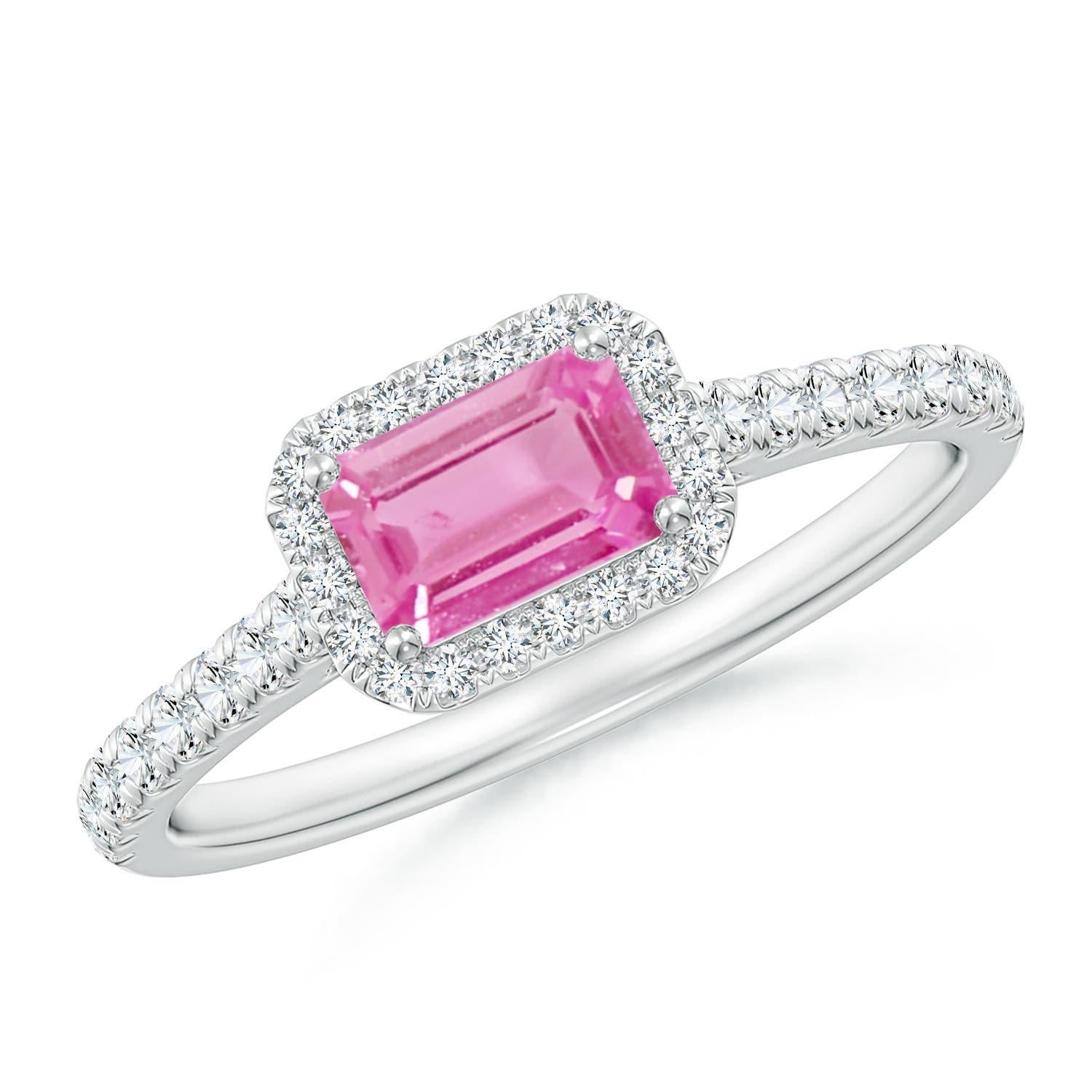 Angara Natural East West Smaragd-Schliff rosa Saphir Halo Ring in 14K massivem Gold Damen im Angebot