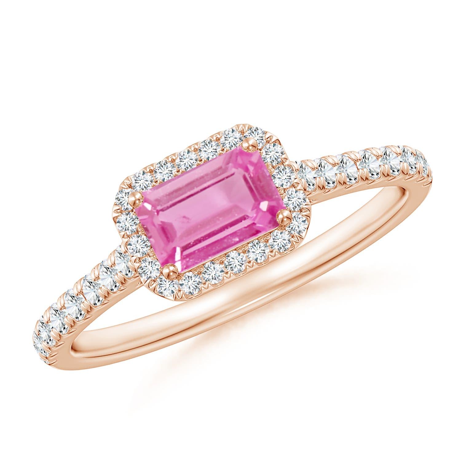 Angara Natural East West Smaragd-Schliff rosa Saphir Halo Ring in 14K massivem Gold im Angebot 1