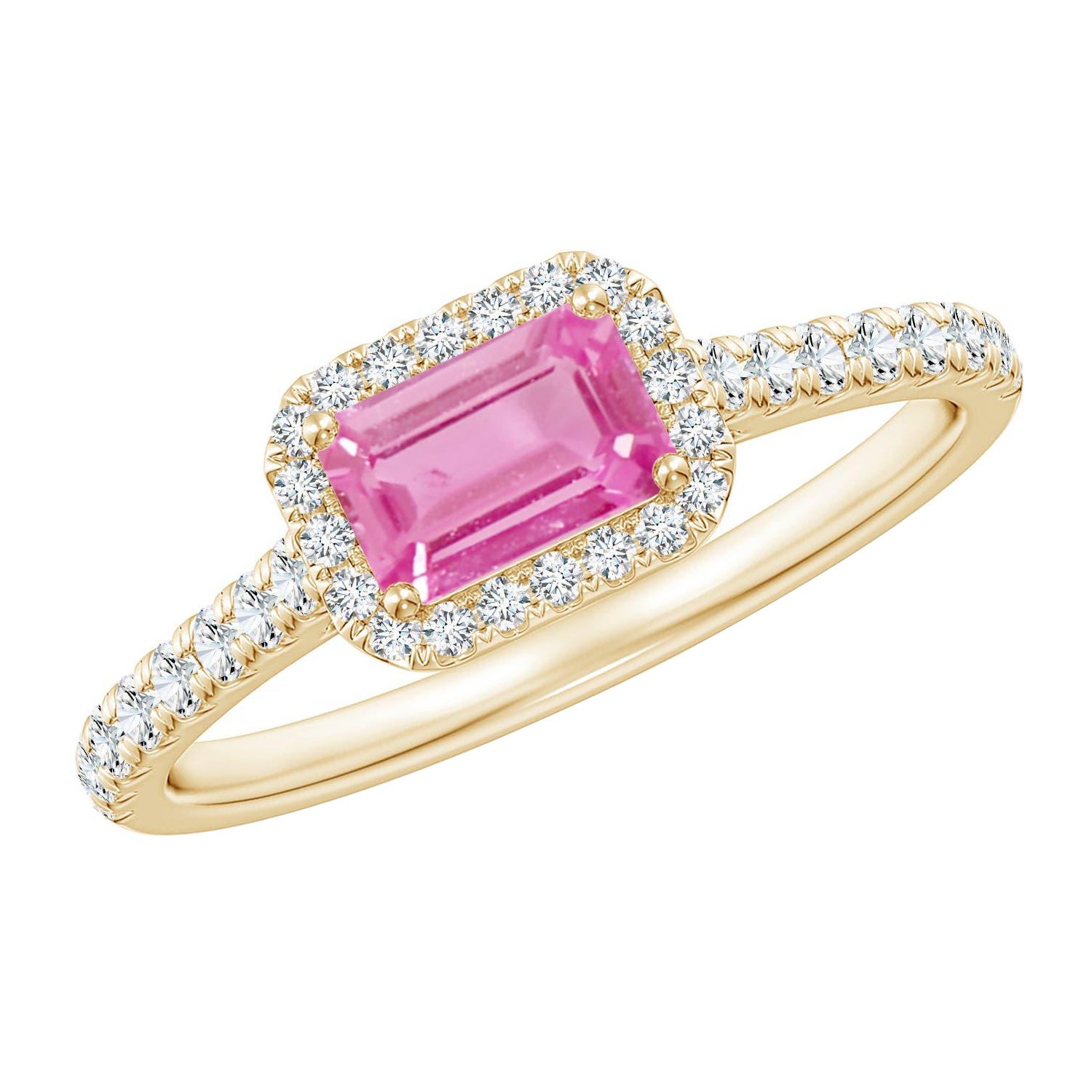 Angara Natural East West Smaragd-Schliff rosa Saphir Halo Ring in 14K massivem Gold im Angebot