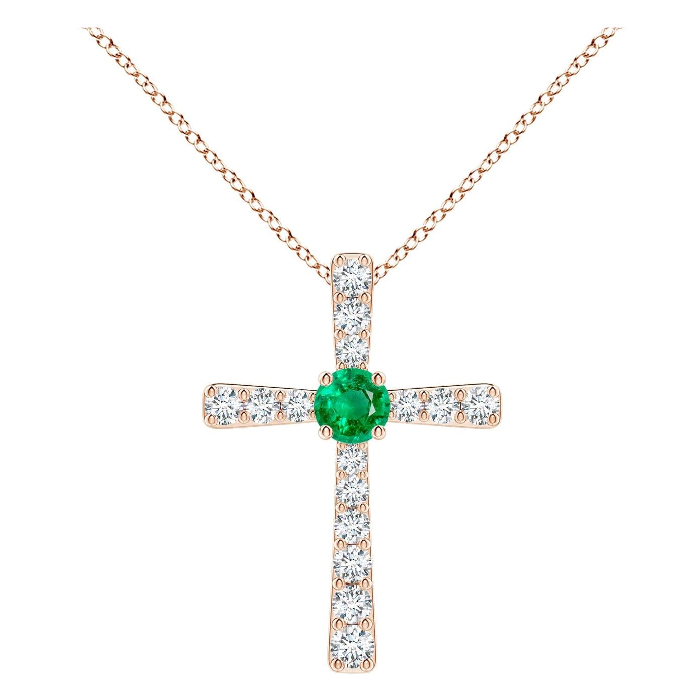 Pendentif croix en or rose 14 carats avec émeraude naturelle et diamant Angara pour femme