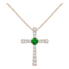Colgante de esmeralda natural y cruz de diamantes Angara en oro rosa de 14 quilates para mujer
