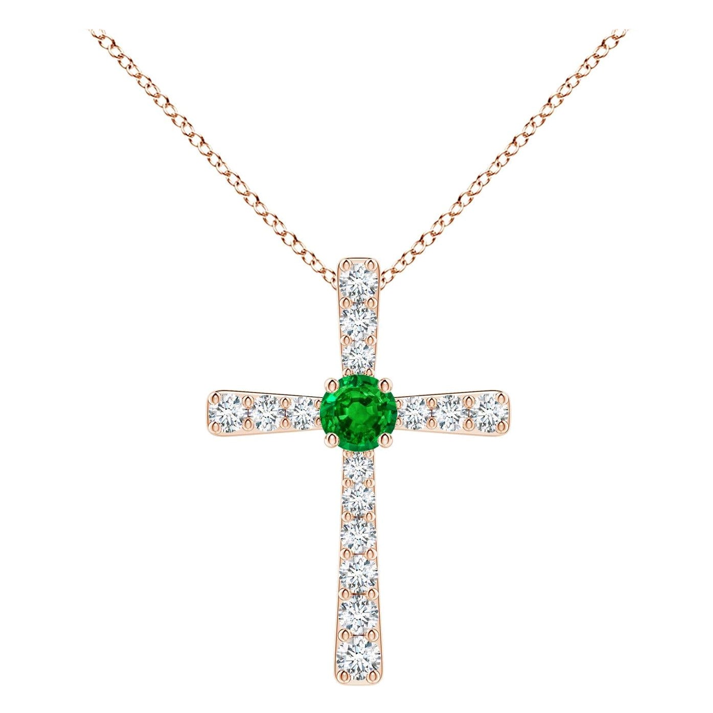 Pendentif croix en or rose 14 carats avec émeraude naturelle et diamant Angara pour femme