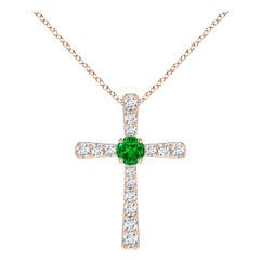 Pendentif croix en or rose 14 carats avec émeraude naturelle et diamant Angara pour femme