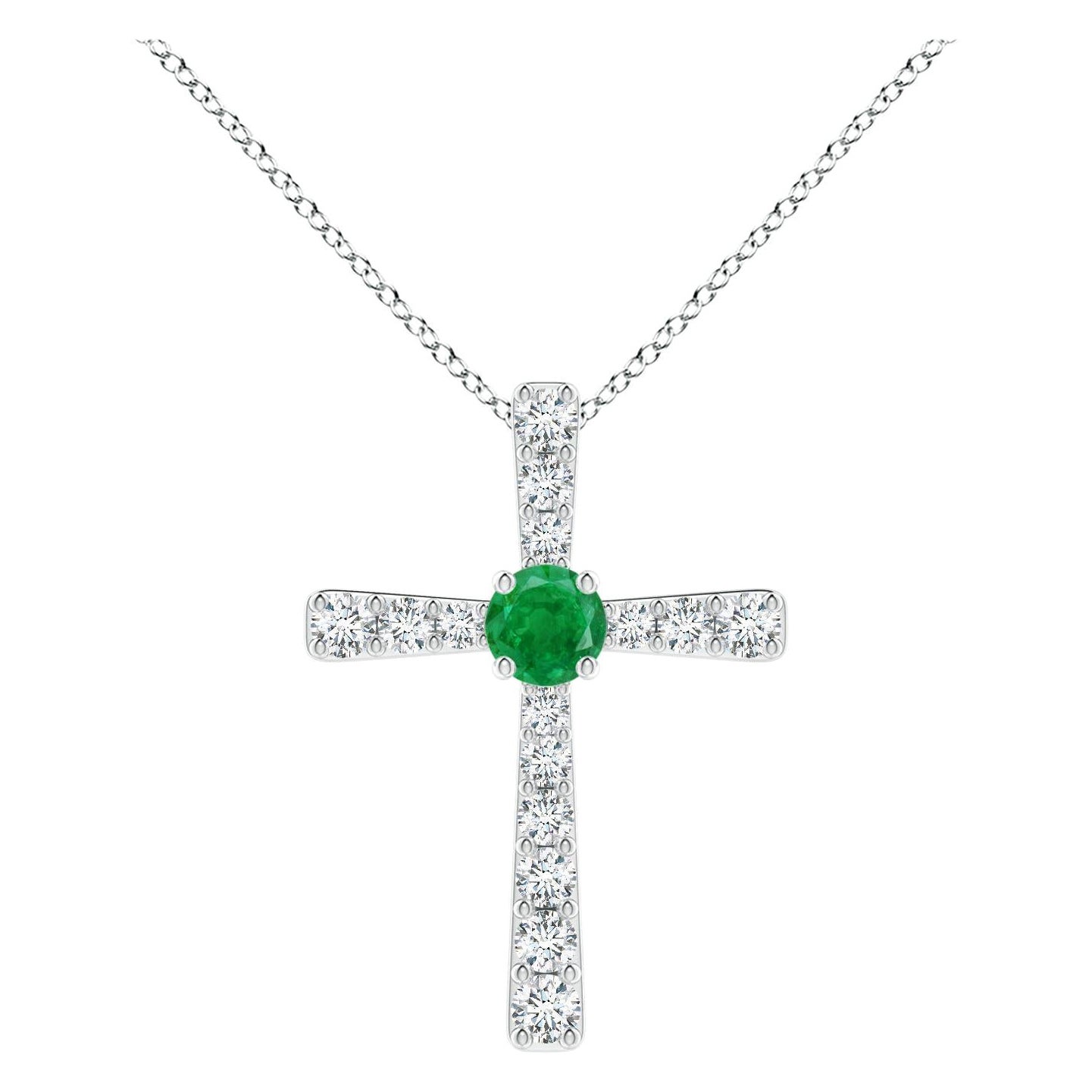 Pendentif croix en or blanc 14K avec émeraudes naturelles et diamants Angara pour femmes