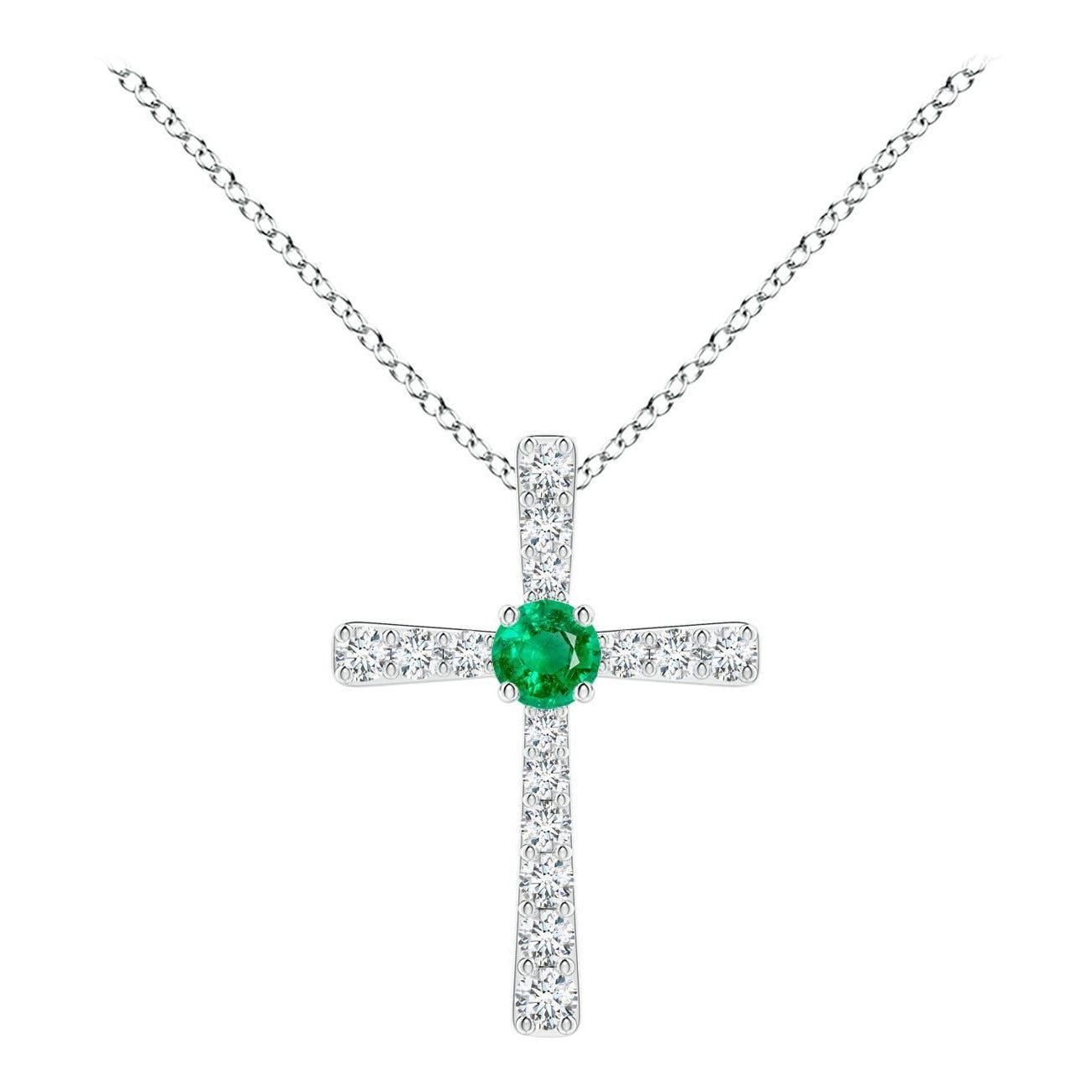 Pendentif croix en or blanc 14K avec émeraudes naturelles et diamants Angara pour femmes