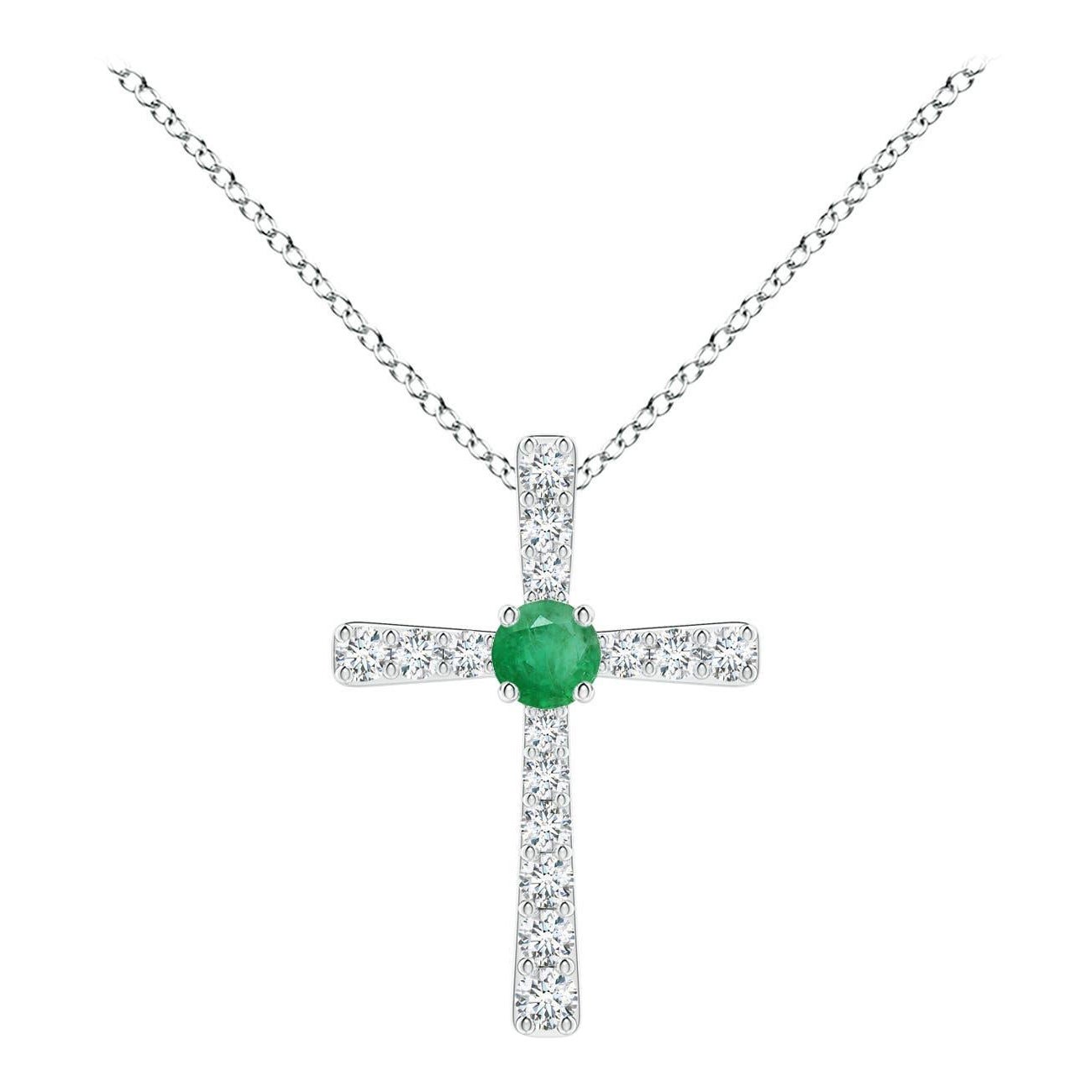 Pendentif croix en or blanc 14K avec émeraudes naturelles et diamants Angara pour femmes