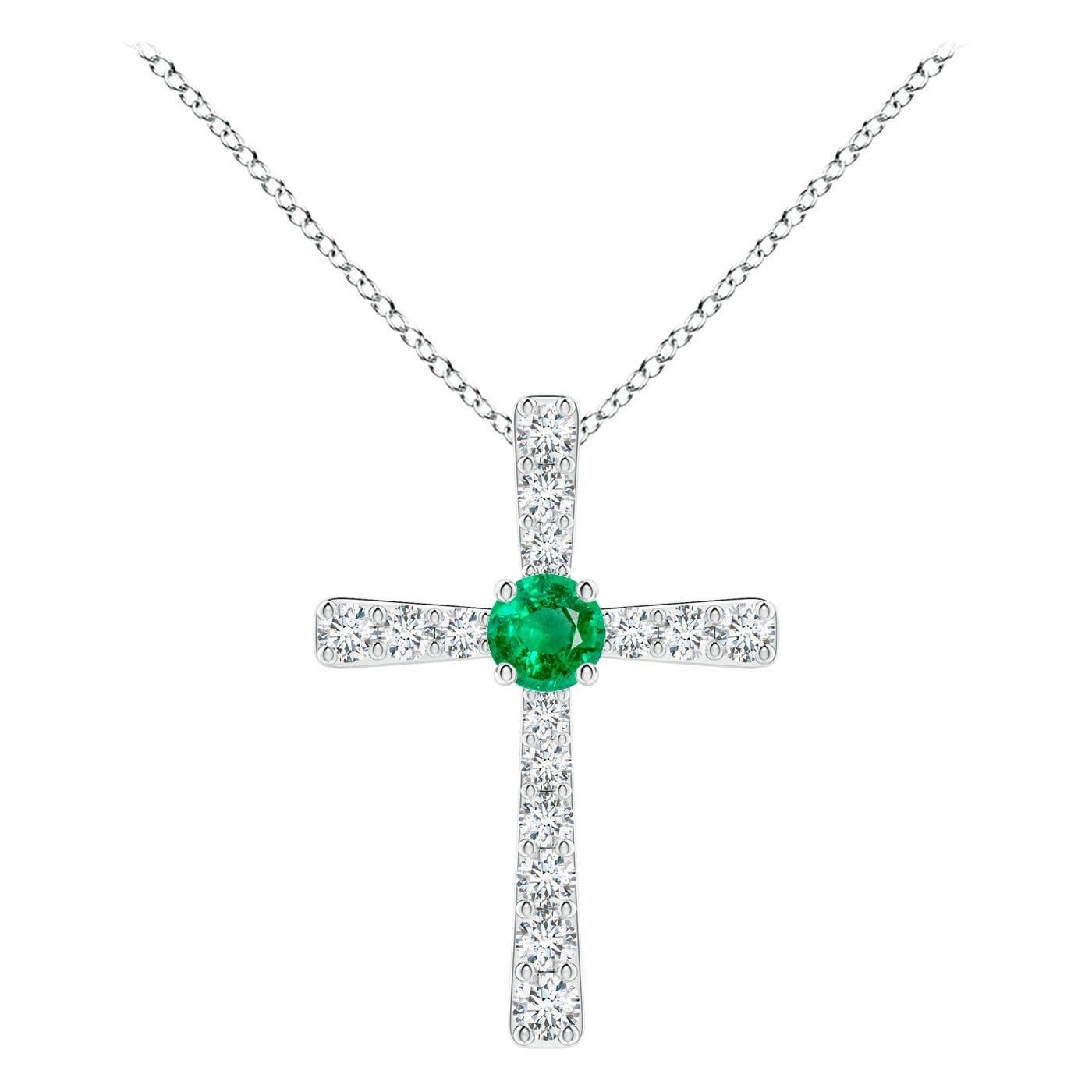 Pendentif croix en or blanc 14K avec émeraudes naturelles et diamants Angara pour femmes