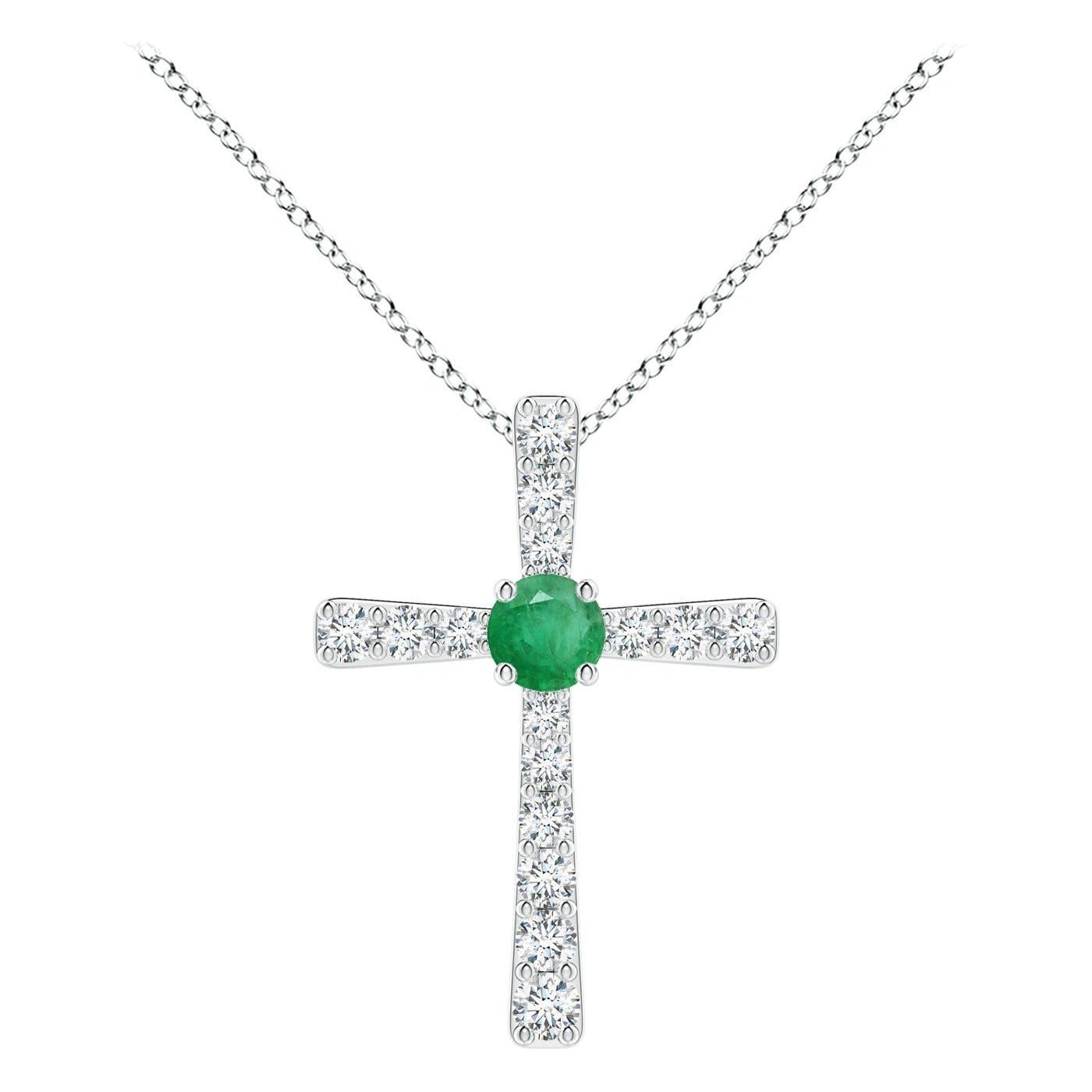 Pendentif croix en or blanc 14K avec émeraudes naturelles et diamants Angara pour femmes