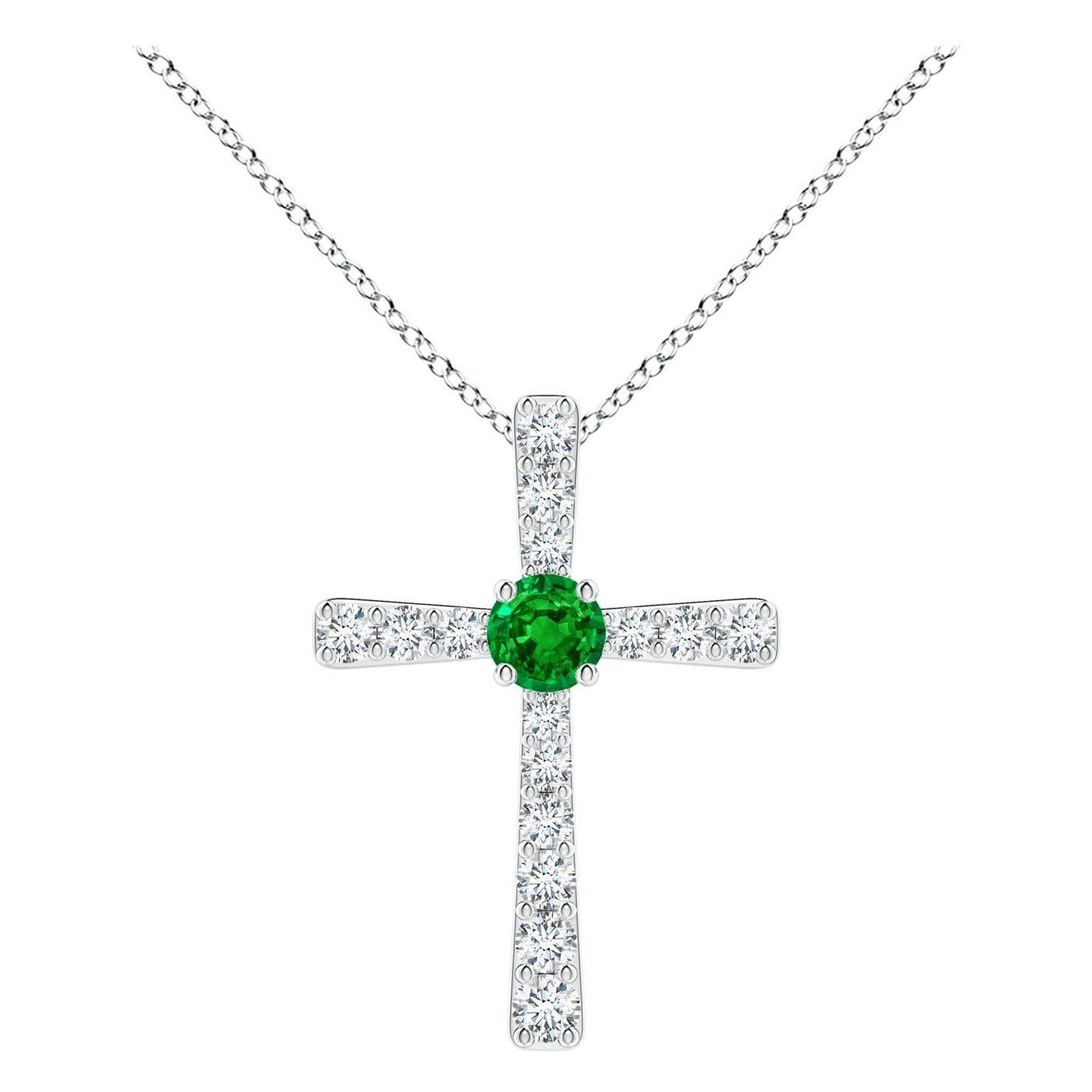 Pendentif croix en or blanc 14K avec émeraudes naturelles et diamants Angara pour femmes
