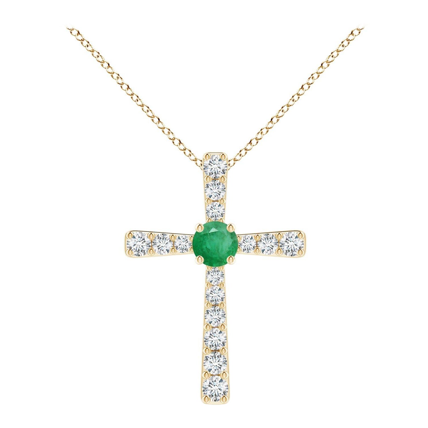 Pendentif croix en or jaune 14K avec émeraude naturelle et diamant Angara pour femme