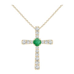 Pendentif croix en or jaune 14K avec émeraude naturelle et diamant Angara pour femme