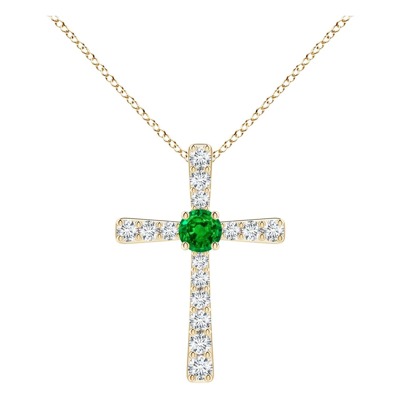 Pendentif croix en or jaune 14K avec émeraude naturelle et diamant Angara pour femme