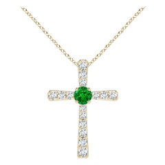 Pendentif croix en or jaune 14K avec émeraude naturelle et diamant Angara pour femme