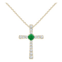 Pendentif croix en or jaune 14K avec émeraude naturelle et diamant Angara pour femme